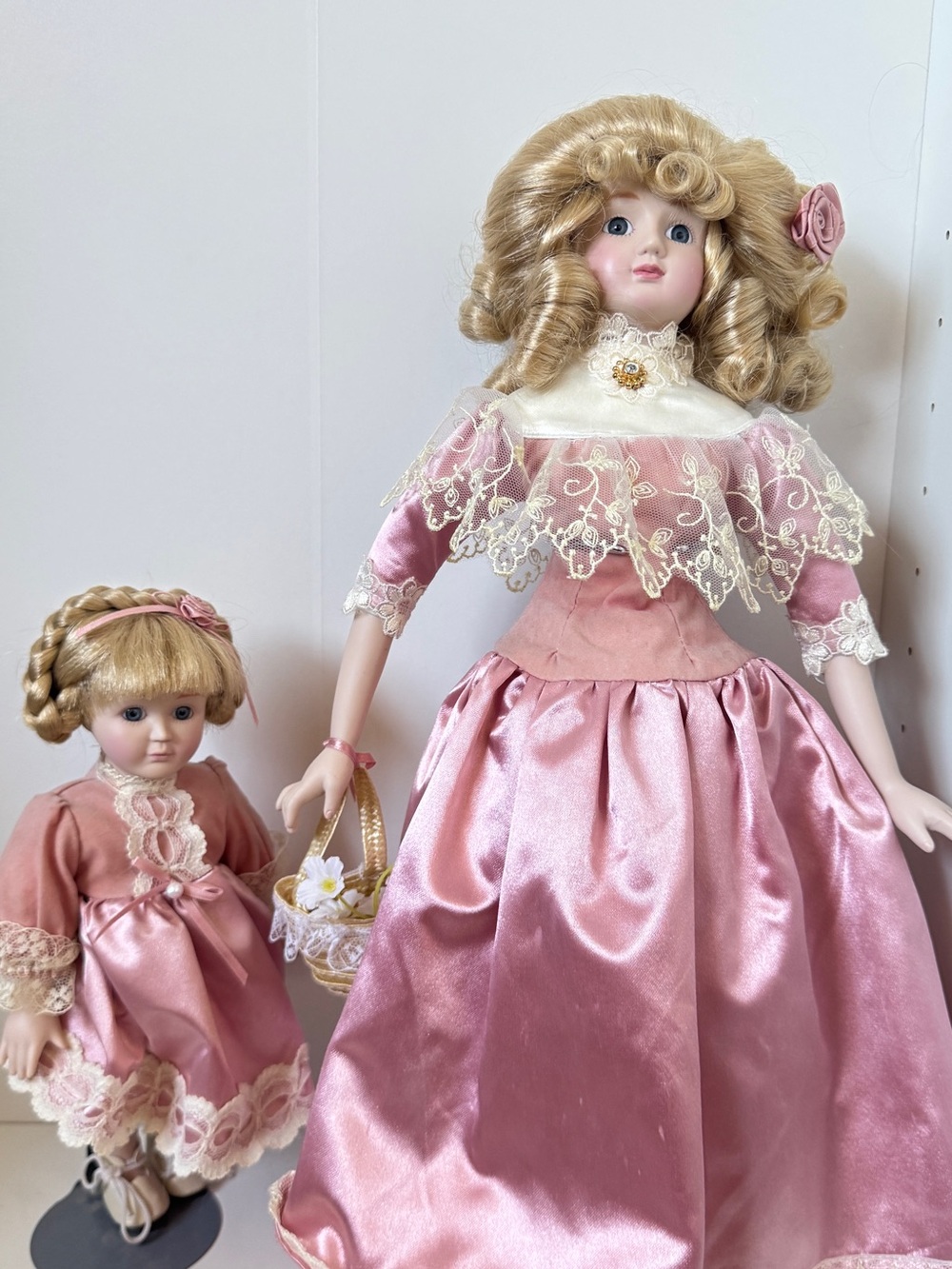 Porcelain Doll Set in Pink Satin Dresses